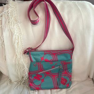 Harajuku purse. Turquoise with pink. 9” x 10”. Strap is 23”long from shoulder.